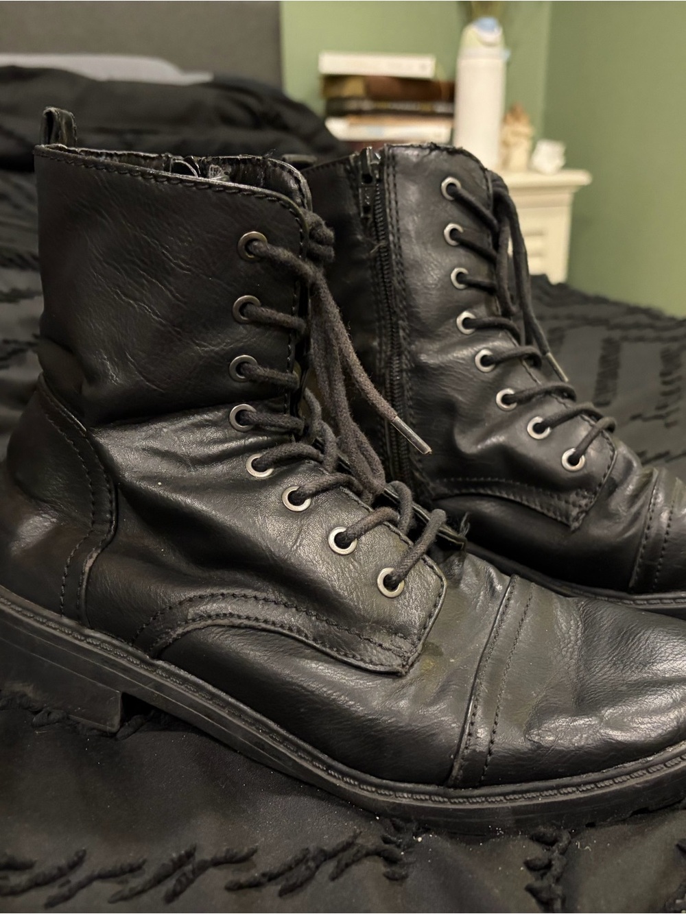Black Lace-Up Side-zip Leather Boots
